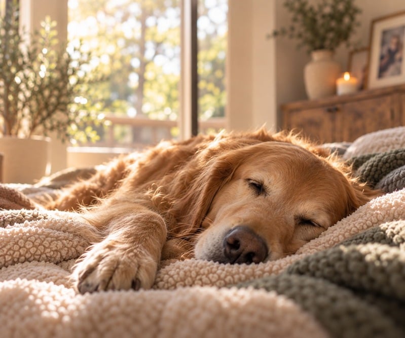 A golden dog resting on a soft blanket in a warm room